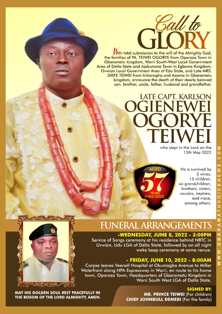 Burial announcement of Capt. Karlson Ogienewei Tewei