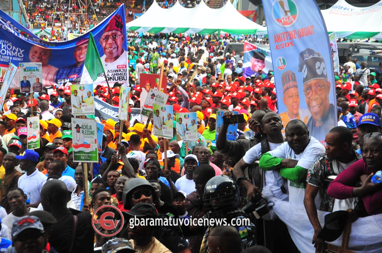 PHOTOS: Massive crowd as Tinubu, Shettima, Lawan, Omo-Agege, others storm Warri for APC campaign flag-off in Delta 