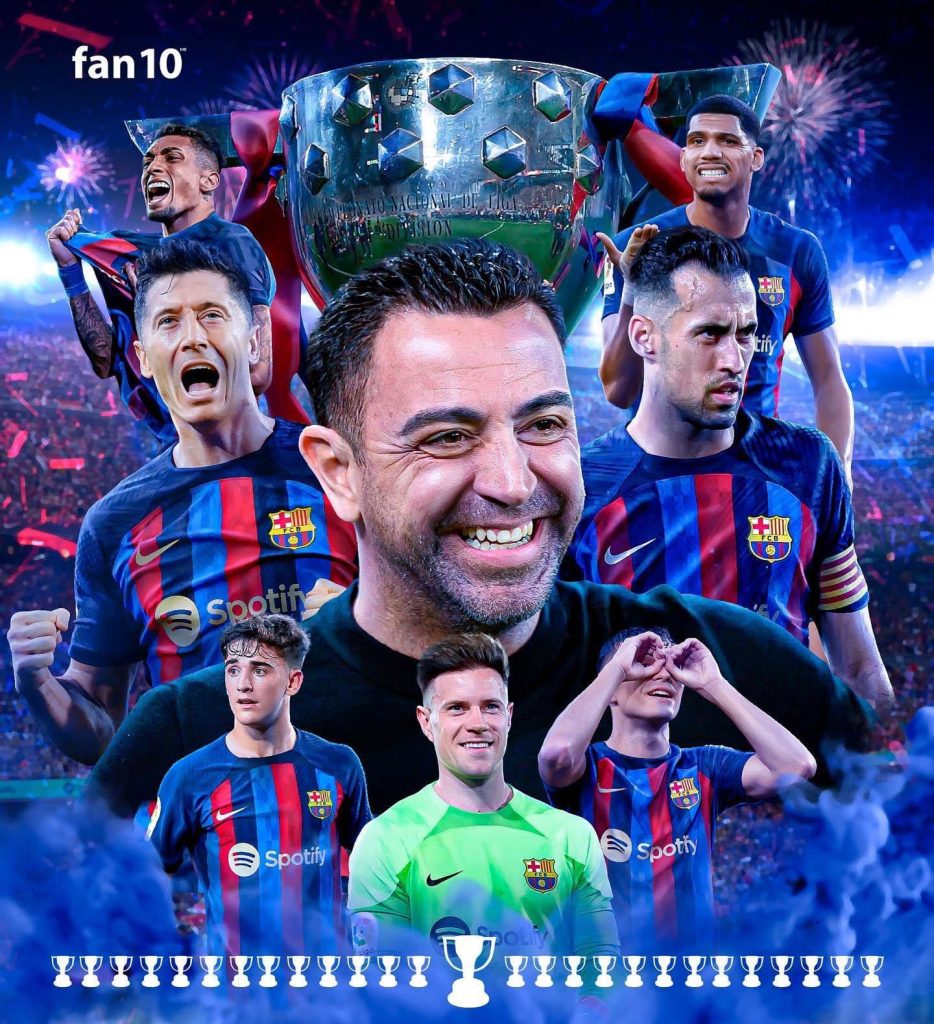 Barcelona are LaLiga champions Barcelona have been confirmed LaLiga champions for the 2022/2023 season. The Catalans defeated Espanyol 4-2 to be crowned winners of the Spanish top flight for the first time since 2019. It is their 27th overall title in history. Robert Lewandowski scored twice, while Alejandro Balde and Jules Kounde also got on the scoresheet. The win takes Barcelona to 85 points from 34 fixtures. Xavi Hernandez’s men are 14 points clear of rivals Real Madrid with four rounds of matches left.
