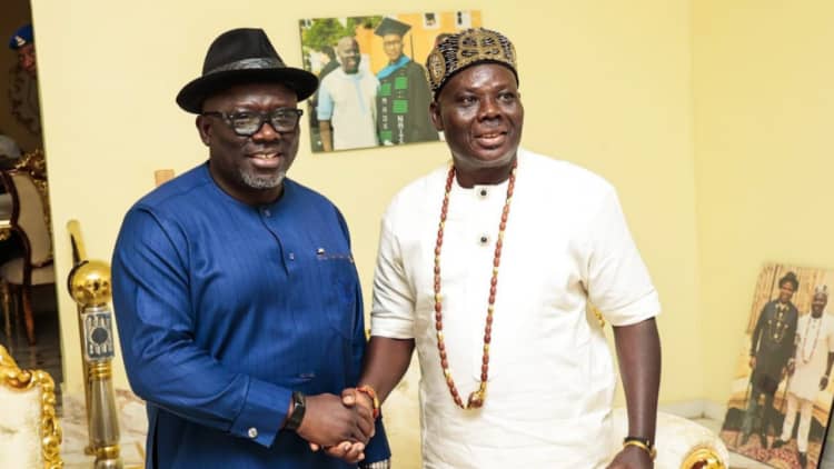 The Governor of Delta State, Rt. Hon. Sheriff Oborevwori having a warm handshake with The chairman of Dewayles Group of Company, High Chief Victor Egukawhore.